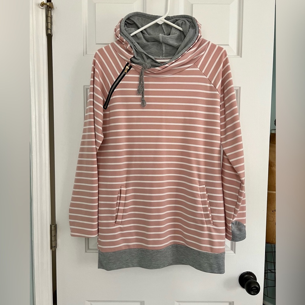 Pink striped hoodie tunic. Size M